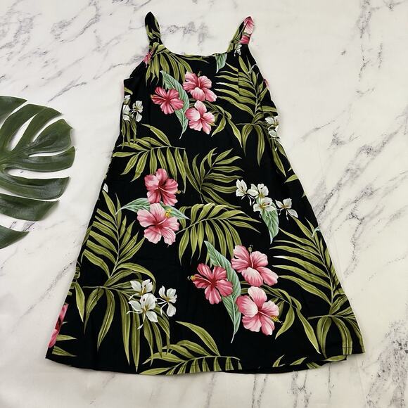 Puanani Womens Hawaiian Sundress Slip Dress Size L Black Green Tropical Floral - Picture 1 of 10